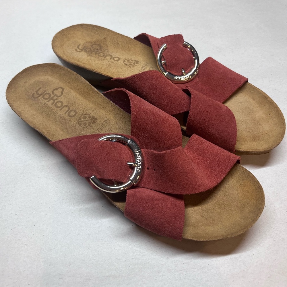 Yokono Leather Sock Suede Buckle Sandals Maroon Size EU 40 US 9